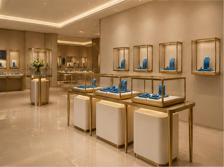 Triple-Section Modular Jewelry Display Table | 3 Showcase Set 10 Triple-section modular jewelry display table in boutique setting